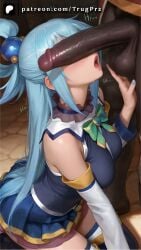 ai_generated aqua_(konosuba) big_penis blue_hair clothed_female_nude_male dark-skinned_male kneeling kono_subarashii_sekai_ni_shukufuku_wo! nail_polish open_mouth penis penis_on_face penis_over_eyes trugprz