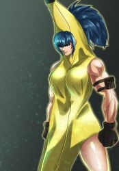 1girls banana big_breasts black_gloves blue_eyes blue_hair costume female gloves huge_breasts king_of_fighters leona_heidern light-skinned_female light_skin muscular muscular_female ponytail thighs tied_hair toned