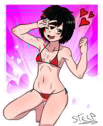 1girls abs armpits barefoot belly bikini black_hair breasts brown_eyes cameltoe cleavage clothed feet female female_only gold_eyes heart human kneeling marvel navel one_eye_closed peni_parker pink_background pussy red_bikini short_hair small_breasts solo spider-man:_into_the_spider-verse spider-man_(series) steca swimsuit text thelazyart toes v watermark wink xxstecaxx