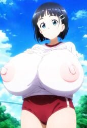 1girls ai_generated black_hair bloomers blush breasts_bigger_than_head erect_nipples erect_nipples_under_clothes female female_only green_eyes gym_clothes gym_clothing gym_uniform hairclip huge_breasts kirigaya_suguha light-skinned_female light_skin looking_at_viewer mt_onizu nipples_visible_through_clothing pool schoolgirl see-through see-through_clothing short_hair smiling solo sword_art_online thick_body thick_female voluptuous voluptuous_female