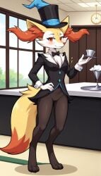 1girls 2024 ai_generated anthro black_fur blushing bottomless bottomless_female braixen canine digitigrade female female_only generation_6_pokemon hand_on_hip hi_res holding_object indoors inner_ear_fluff innie_pussy looking_at_viewer magician nintendo orange_eyes orange_fur pokemon pokemon_(species) pussy smile white_fur yellow_fur