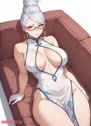 1female 1girls ai_generated ayase_seiko big_breasts breasts bubbleteexl commentary_request couch dandadan dress english_commentary female female_only laying_on_couch light-skinned_female light_skin milf mixed-language_commentary qipao qipao_dress