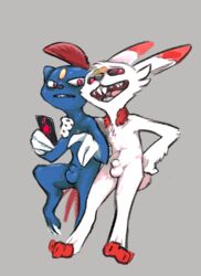 2boys anthro anthrofied black_sclera claws duo fangs feet fur furry holding lagomorph male male_only mammal mindkog nintendo nude open_mouth paws penis phone pokemon pokemon_(species) pokemon_dppt pokemon_ss red_eyes scorbunny sheath simple_background sketch sneasel teeth testicles tongue video_games white_fur