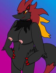 anthro beta_design beta_pokemon_(species) beta_pokemon_games beta_zoroark big_breasts breasts female generation_5_pokemon hair nintendo nude pokemon pokemon_(species) red_hair shaded simple_background simple_shading solo tagme wander(artist) yellow_eyes zoroark