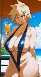 ai_generated bare_thighs beach blonde_hair boku_no_hero_academia gigantic_breasts huge_breasts huge_thighs light-skinned_female light_skin looking_at_viewer massive_breasts mature_female milf mitsuki_bakugou my_hero_academia red_eyes short_hair shounen_jump sling_bikini slingshot_swimsuit smiling solo_female spiky_hair squatting sweat sweatdrop thick_body thick_female thick_thighs thighs voluptuous voluptuous_female