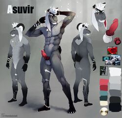 1boy 2019 abs anthro arrow asuvir_(character) athletic balls black_fur blue_eyes blush bovid caprine chains claws d20 fur goat grey_fur hair hi_res horn humanoid_penis jewelry knot looking_at_viewer male male_only mammal markings model_sheet muscular naruka necklace palette paws pecs pen pencil_(disambiguation) pendant penis piercing red_penis simple_background small_tail snowflake solo star tattoo treble_clef white_fur white_hair