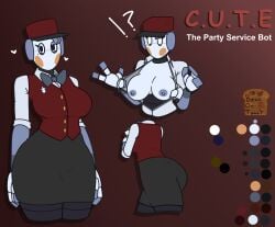 2024 2d 2d_(artwork) 2d_artwork areola areolae artist_logo artist_name beanontoast bowtie breasts breasts_out c.u.t.e character_sheet clothes_rip female five_nights_at_freddy's five_nights_at_freddy's:_security_breach grey_skin hat nice_ass nipples original_character red_cheeks robot_girl solo staff_bot_(security_breach) thick_ass thick_thighs uniform vest_lift vest_removed