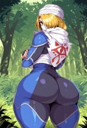 1boy ai_generated ambiguous_gender arm_armor armor back_view big_ass big_butt big_thighs blonde_hair clothing covered_face curvy curvy_figure femboy forest full_body ninja_suit nintendo ocarina_of_time outdoors princess_zelda red_eyes scarf sheik sheik_(ocarina_of_time) shoulder_armor solo standing super_smash_bros. the_legend_of_zelda the_legend_of_zelda:_ocarina_of_time thick thick_thighs thight_clothing voluptuous wide_hips