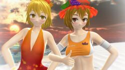 2023 2girls 3d_(artwork) autumn_leaves beach blonde_hair_female blush clouds deity duo_female flat_chest goddess grapes hati_yukkuri_mmd headwear light-skinned_female looking_at_viewer midriff minoriko_aki mmd mountain_of_faith outdoors outside red_hat shizuha_aki short_hair_female siblings sisters sky smiling_at_viewer sunset swimsuit touhou water yellow_eyes