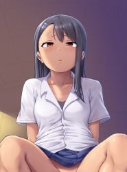 arms_behind_back black_hair blue_skirt breasts brown_eyes classroom cross-eyed dark-skinned_female dark_skin earclip expressionless facing_viewer female from_below geewhy hair_ornament hairclip ijiranaide_nagatoro-san long_hair looking_at_viewer m_legs nagatoro_hayase no_panties out-of-frame_censoring school_uniform sitting skirt small_breasts solo spread_legs