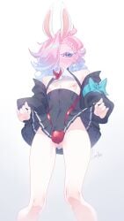 1boy black_dress blue_eyes blue_hair bulge bunny_ears cropped_legs crown_braid dress femboy femboy_only hair_over_one_eye jacket lunecifer lunecifer male_only original pink_hair skinny skinny_male skirt_lift solo_femboy standing