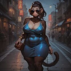 ai_generated anthro anthro_female ass big_ass big_thighs breasts brown_fur chimpanzee cute_female female female_focus furry huge_ass looking_at_viewer looking_back monkey monkey_girl monkey_tail nipples oc original original_character primate short_hair solo solo_female sunglasses tail