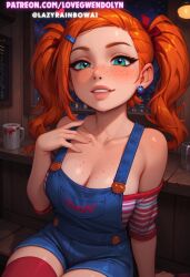 ai_assisted ai_generated ben_10 big_breasts cartoon_network chucky chucky_(cosplay) cleavage cosplay freckles gwen_tennyson halloween halloween_costume hi_res horror off_shoulder overalls red_hair sadtomato thighhighs twintails