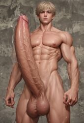 1boy abs ai_generated ai_hands blonde_hair erection huge_balls hyper hyper_genitalia hyper_penis male male_only messy_hair muscular simple_background solo standing valcier veins veiny_penis