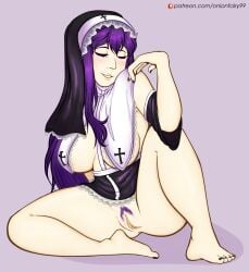 1female 1girls anus_peek big_boobs big_breasts boobs breasts closed_eyes doki_doki_literature_club eyes_closed female_focus female_pubic_hair long_hair nun nun_outfit onionfairy99 onionfairylewds pubic_hair purple_hair purple_pubic_hair pussy underboob yuri_(doki_doki_literature_club)