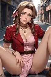 aerith_gainsborough ai_generated belt blush bracelet braided_ponytail breasts brown_hair city cleavage clothing cropped_jacket dress earrings female female final_fantasy final_fantasy_vii final_fantasy_vii_remake footwear green_eyes jacket jewelry jousneystudio large_breasts lips long_hair looking_at_viewer male medium_breasts mole mole_on_breast necklace open_clothes outdoors pantsu parted_lips pink_dress ribbon shirt shorts side_drill sitting skirt solo spread_legs sweat thighs tied_hair underwear