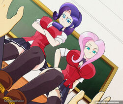 1boy 2girls big_breasts blue_eyes breasts crossed_arms erect_nipples fluttershy_(mlp) friendship_is_magic frown hand_on_hip human human_only humanized large_breasts long_hair mascara miniskirt mrwes my_little_pony panties pantyshot pink_hair pov purple_hair rarity_(mlp) school_uniform schoolgirl skirt smile step_pose stepped_on straight_hair thighhighs upskirt zettai_ryouiki