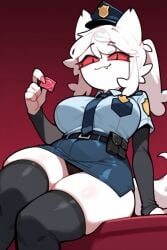 ai_generated colored_skin furry_female large_breasts lewdaii panties police_uniform red_sclera reverse_fluff sir_fluff slit_pupils white_hair white_skin