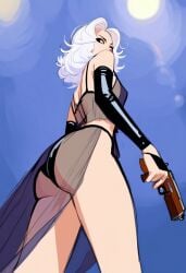 1girls ai_generated curvy curvy_hips depth_of_field forced_perspective gun honey_gal latex_armwear latex_boots latex_thighhighs latex_underwear medium_ass nightgown original_character posing_with_weapon rear_view solo ssktch underwear