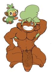 1boy alternate_species anthro anthrofied armpit_hair armpits bara beard dark-skinned_male dark_skin facial_hair flaccid grookey hi_res humanized humanoid_penis hyper hyper_penis male male_only mammal muscular muscular_male nintendo nude penis pokémon_(species) pokemon pokemon_ss primate sideburns solo veins veiny_penis video_games zenpei