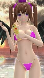 1girls 2023 3d bikini blush breasts brown_hair_female cellphone cleavage clouds double_spoiler hairband hatate_himekaidou hati_yukkuri_mmd holding_phone light-skinned_female long_hair_female looking_at_viewer mmd outside pink_bikini pink_eyes pink_hat pointy_ears sea sky solo_female solo_focus sunset swimsuit tengu tokin_hat touhou twintails water wings youkai