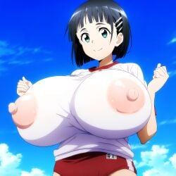 1girls ai_generated black_hair bloomers blush breasts_bigger_than_head erect_nipples erect_nipples_under_clothes female female_only green_eyes gym_clothes gym_clothing gym_uniform hairclip huge_breasts kirigaya_suguha leaving_pool light-skinned_female light_skin looking_at_viewer mt_onizu nipples_visible_through_clothing pool schoolgirl see-through see-through_clothing short_hair smiling solo sword_art_online thick_body thick_female voluptuous voluptuous_female