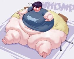 bbw better_with_salt big_breasts broken_chair crop_top embarrassed embarrassed_female fat fat_ass huge_ass huge_thighs komi-san_wa_komyushou_desu komi_shouko morbidly_obese obese overweight overweight_female shorts simple_background thick_thighs weight_gain