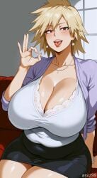 ai_generated bare_thighs blonde_hair boku_no_hero_academia fellatio_gesture gigantic_breasts huge_breasts huge_thighs light-skinned_female light_skin looking_at_viewer massive_breasts mature_female milf mitsuki_bakugou my_hero_academia red_eyes short_hair shounen_jump solo_female spiky_hair thick_body thick_female thick_thighs thighs tongue_out voluptuous voluptuous_female