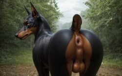 ai_generated anus ass backsack balls big_anus big_butt big_eyes black_body black_fur black_lips black_nose blp brown_body brown_fur canid canine canis detailed detailed_fur dobermann domestic_dog ears_up feral forest fur genitals glistening glistening_eyes glossy_fur grass hi_res lips long_snout looking_at_viewer looking_back looking_back_at_viewer male mammal mouth_closed multicolored_body multicolored_fur outside overcast perineum pink_anus pinscher plant presenting presenting_hindquarters prick_ears quadruped raised_tail rear_view scut_tail short_fur short_tail shrub sky slim snout solo solo_focus standing tree two_tone_body two_tone_fur whisker_spots wide_hips yellow_eyes