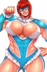 1girls abs bangs blue_bodysuit breasts cleavage clothing cosplay cowboy_shot diagonal_bangs eyemask frills green_eyes grin huge_breasts looking_at_viewer marisa_rossetti mask masked_female muscular_female rainbow_mika_(cosplay) red_hair short_hair skimpy skin_tight solo street_fighter street_fighter_6 strong_woman wrestling_outfit zmnjo1440