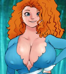 big_breasts blue_eyes brave cleavage dress jay-marvel merida red_hair redraw ripped_clothing scottish tagme