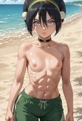 abs ai_generated avatar_legends avatar_the_last_airbender big_ass big_butt blind blind_eye choker female female_focus female_only greentime high_resolution highres lost_clothes muscular_female shorts small_breasts toph_bei_fong wet wet_body