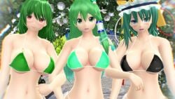 2023 3d 3girls belly_button bikini bikini_top black_bikini blue_eyes blush cleavage eiki_shiki frog_hair_ornament garden green_bikini green_eyes green_hair_female hat hati_yukkuri_mmd headwear human light-skinned_female long_hair_female looking_at_viewer mmd mountain_of_faith outdoors outside phantasmagoria_of_flower_view red_eyes sanae_kochiya short_hair_female snake_ornament swimsuit touhou trio_focus white_flower yama youkai yuka_kazami