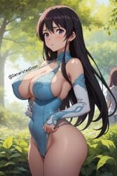 ai_generated big_ass big_breasts blush bodysuit brown_hair concerned_look protruding_nipples purple_eyes thick_thighs woods