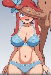 ai_generated big_breasts big_cock blue_eyes blush bra breasts cock_shock gastkeser82 huge_cock large_breasts latina panties penis penis_awe pokemon red_hair skyla_(pokemon) stomach underwear voluptuous wide_hips