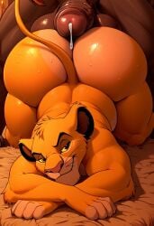 2boys ai_generated anthro anthro_on_human ass ass_focus ass_up bent_over big_ass big_balls big_butt big_penis bubble_butt fiveai_(artist) furry gay looking_at_viewer male/male precum simba simba_(the_lion_king) smug_face the_lion_king thick_ass thick_thighs