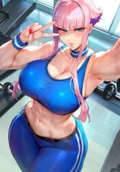 1girls abs ai_generated ass ass bare_arms bare_legs bare_shoulders bare_thighs big_ass big_breasts big_butt blue_eyes blush capcom clothed clothing color depressu female female_focus female_only fit_female gym gym_clothes hi_res large_breasts light-skinned_female light_skin looking_at_viewer manon_legrand muscles muscular muscular_female pink_hair short_hair solo solo_female street_fighter street_fighter_6 tagme thick_thighs