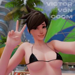 3d 3d_(artwork) beach_background beach_umbrella bikini bikini_top blender blender_(software) blizzard_entertainment breasts brown_eyes brown_hair freckles freckles_on_face looking_at_viewer overwatch peace_sign self_upload selfie short_hair smile smiling smiling_at_viewer tracer tree victor_von_coom