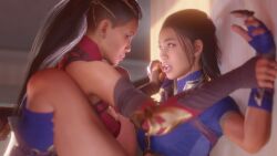 3d black_hair eye_contact hand_holding implied_incest implied_sex kitana kitana_(new_era) kiteena lips mileena mileena_(new_era) mortal_kombat mortal_kombat_1_(2023) ponytail pressed_against shulyque twincest yuri