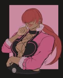 1girls big_breasts breasts busty cleavage dark_skin earrings female fishnets heart jacket king_of_fighters long_hair ponytail race_swap red_hair shermie_(kof) smiling tan tan_body tan_skin tied_hair voluptuous voluptuous_female