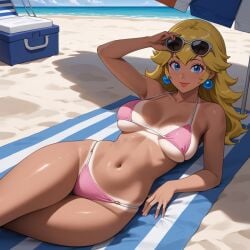 1girls ai_generated beach belly_button bikini blonde_hair blue_eyes civitai cooler earrings female female_only long_hair looking_at_viewer lying lying_on_back mario_(series) medium_breasts nintendo pink_bikini princess princess_peach sea seaside smile sunglasses sunglasses_removed suntan super_mario_bros. tan_markings towel umbrella white_skin