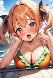 ai_generated big_breasts bikini bikini_top blush breast_focus embarrassed hair_ribbon hataraku_maou-sama! huge_breasts light-skinned_female light_skin looking_at_viewer massive_breasts orange_eyes orange_hair pool poolside sasaki_chiho shortstack solo_female squatting sweat sweatdrop twintails voluptuous voluptuous_female