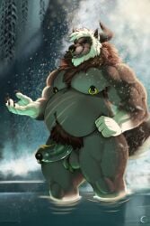 anthro balls bear belly body_hair canid canine canis classicmuzzle_(artist) erection facial_piercing foreskin genital_piercing genitals gloves_(marking) happy_trail hi_res horn humanoid_genitalia humanoid_penis hybrid male mammal markings muscular muscular_anthro muscular_male musculegut nipple_piercing nipple_ring nipples nose_piercing nose_ring nude partially_submerged penis penis_piercing piercing prince_albert_piercing pubes ring_piercing septum_piercing septum_ring solo water wolf