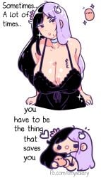 2020s 2024 beauty_mark black_hair choker cleavage collarbone english_text facebook_url hair_ornament lavender_hair light-skinned_female motivational multicolored_hair potato solo sparkles sparkling sparkling_hair theshunbun vitelotte white_background writing_on_body writing_on_breasts