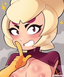 1girls blonde_hair blush boobs brawl_stars breasts charlie_(brawl_stars) female female_only gloves looking_at_viewer nipples short_hair smile smiling_at_viewer solo zoesephz