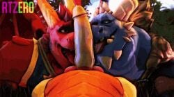 animated anthro boris_(spyro) bubba_(spyro) delbin_(spyro) double_fellatio dragon gay kissing outside rtzero scalie yaoi