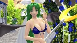 2023 3d_(artwork) bikini blue_bikini blue_rose bracelet cleavage clouds cresent_moon earrings garden ghost_girl green_eyes green_hair_female hati_yukkuri_mmd headdress holding_weapon light-skinned_female looking_at_viewer mima mmd outdoors outside sky spirit staff sunset swimsuit touhou touhou_(pc-98) weapon wings