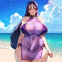 1girls ai_generated bangs bare_shoulders beach blue_sky breasts cleavage cloud curvy day erection_under_clothes fate_(series) futanari huge_breasts long_hair looking_at_viewer minamoto_no_raikou_(fate/grand_order) ocean parted_bangs plump purple_bikini purple_eyes purple_hair sand see-through shore sky smile thick_thighs thighs very_long_hair water wide_hips