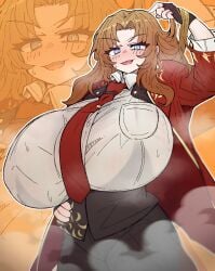 blush huge_breasts limbus_company looking_at_viewer project_moon rodion_(limbus_company) smile steam steamy sweat sweaty thick_thighs