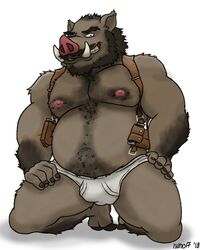 2018 5_fingers anthro beard briefs brown_hair bulge clothing facial_hair gun_holster hair jankowski kneeling male male_only mammal moustache nanoff navel nipples overweight overweight_male penis_outline simple_background smile solo suid suina sus_(pig) tusks underwear white_background white_clothing white_underwear wild_boar